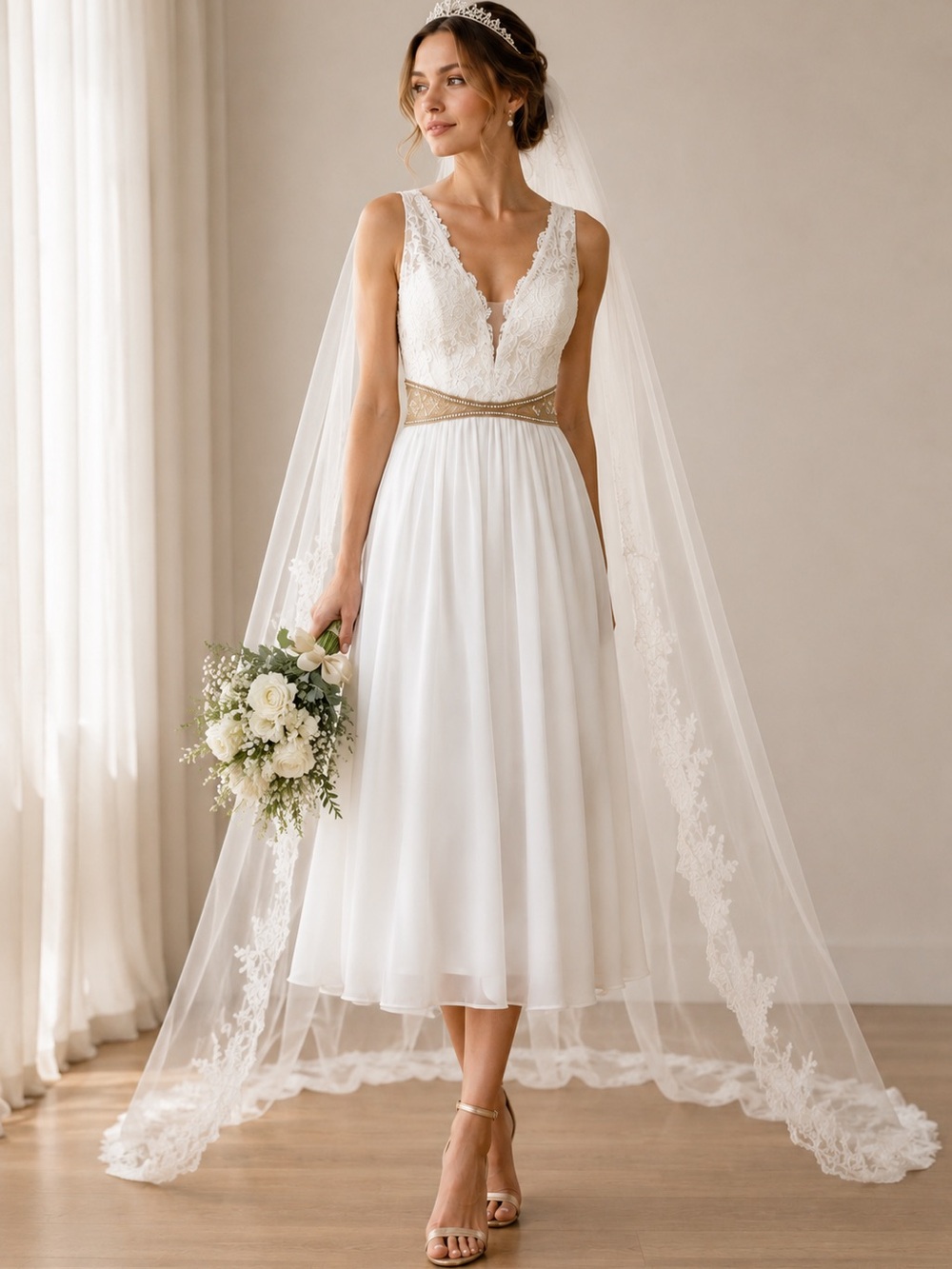 Soieblu White‎ Sleeveless V-Neck Wedding Gown XS
